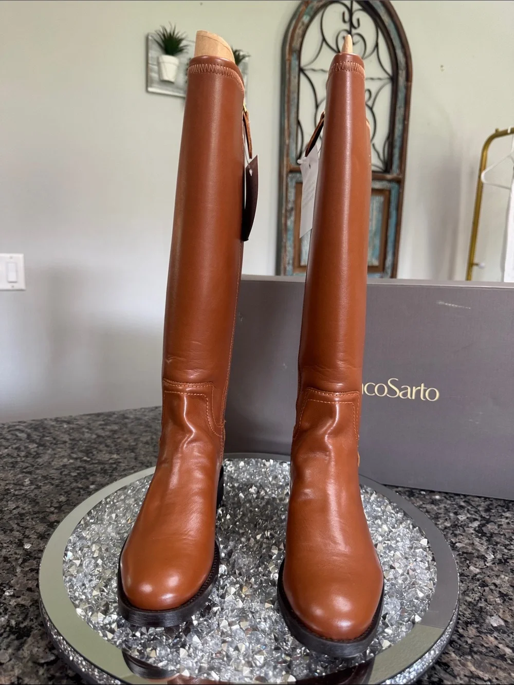 Franco Sarto Tall Cognac Over-the-Knee Boots with Gold Buckle NEW WIDE CALF 7